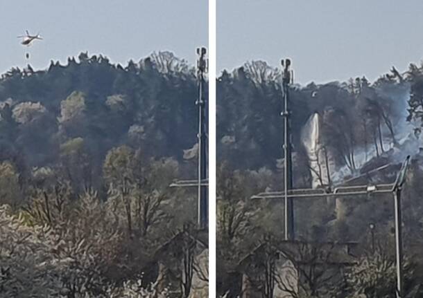 Incendio boschivo a Induno Olona, fiamme in località Montallegro, arrivano gli elicotteri, oltre 20 lanci d’acqua